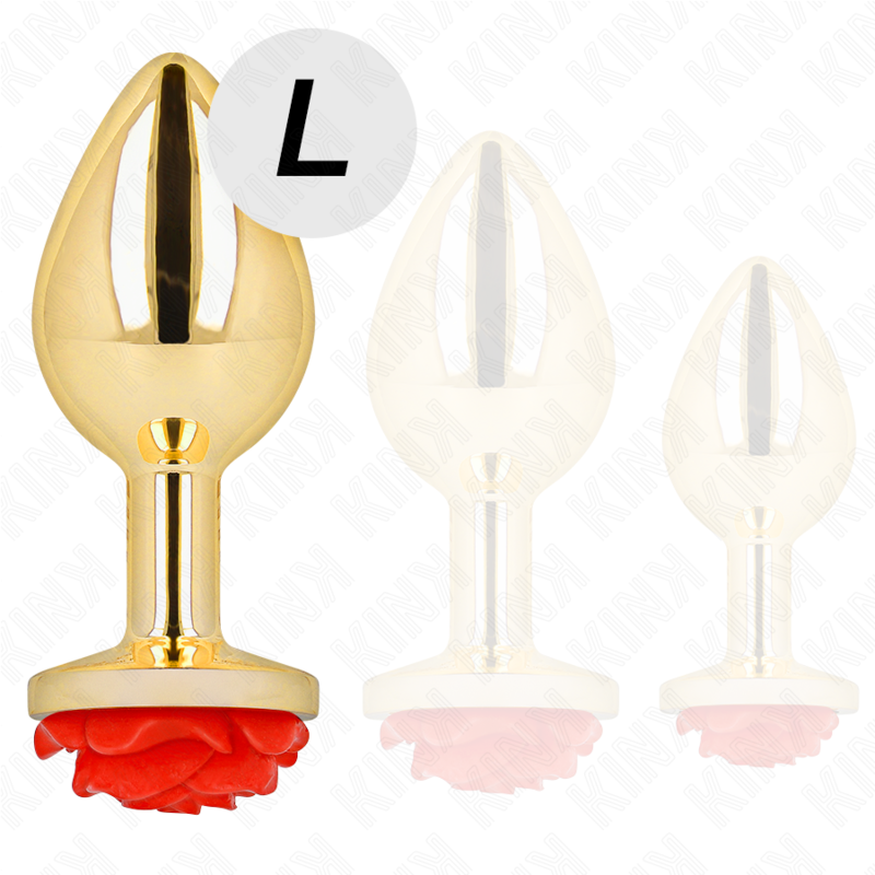 KINK Rose – Plug anal de acero con rosa roja, tallas S a L – Dorado – Talla L