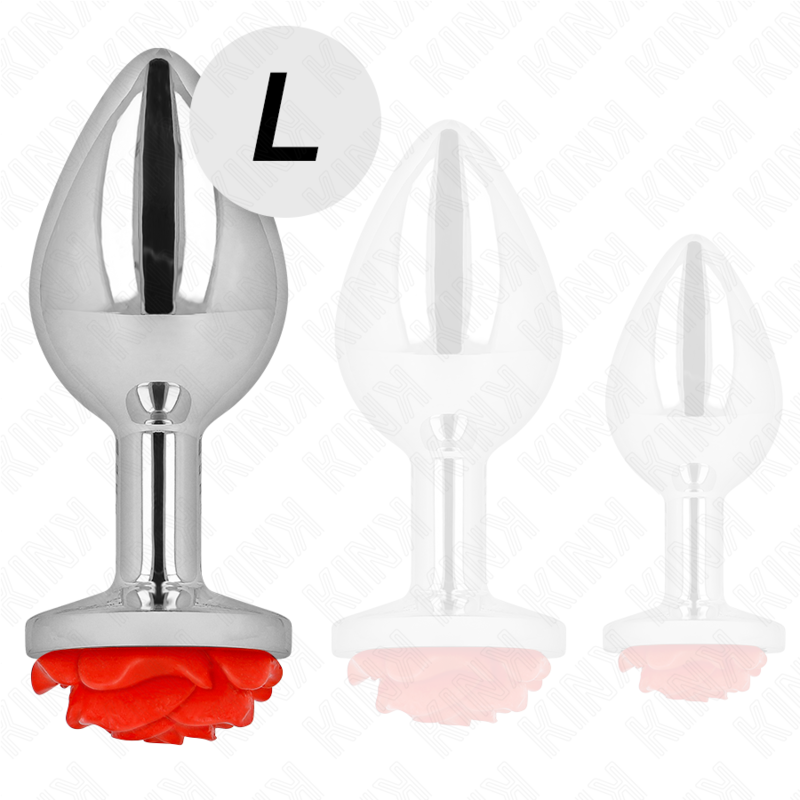KINK Rose – Plug anal de acero con rosa roja, tallas S a L – Plateado – Talla L
