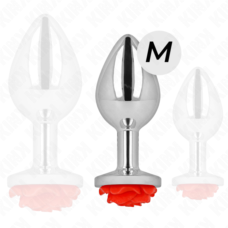 KINK Rose – Plug anal de acero con rosa roja, tallas S a L – Plateado – Talla M