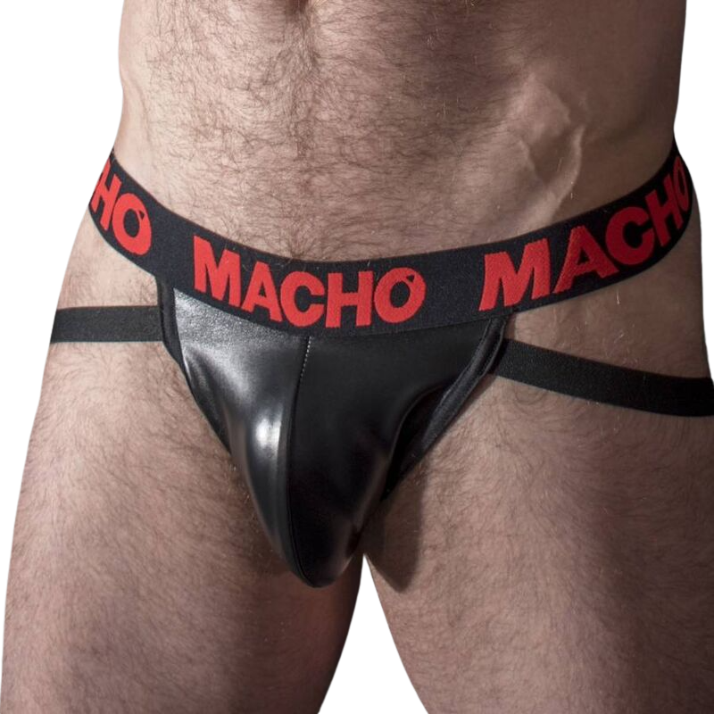 Macho MX25RC – Schwarzer Jockstrap mit rotem Logo, Lederoptik