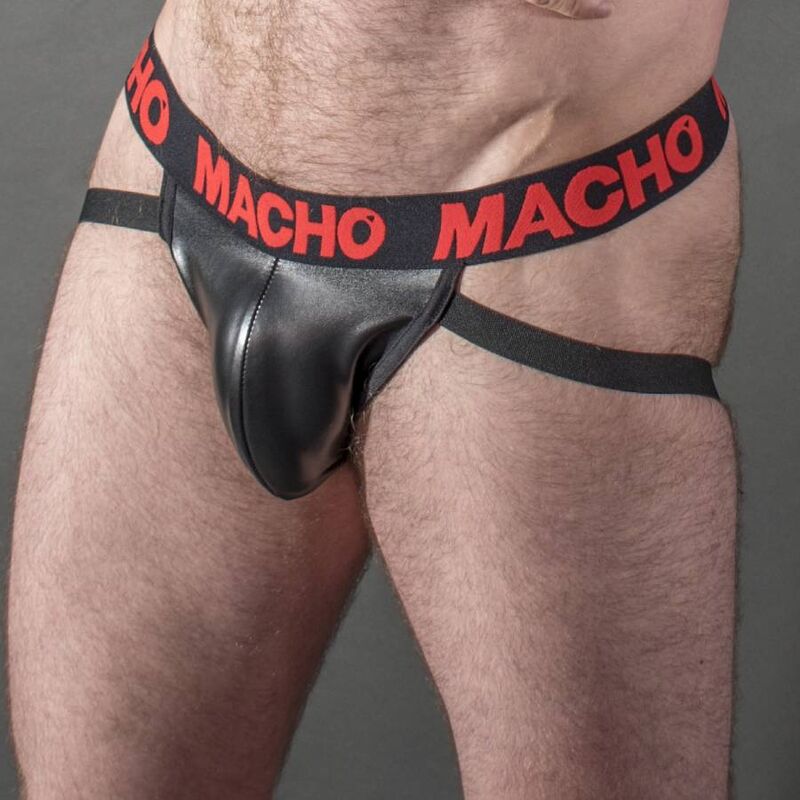Macho MX25RC – Schwarzer Jockstrap mit rotem Logo, Lederoptik