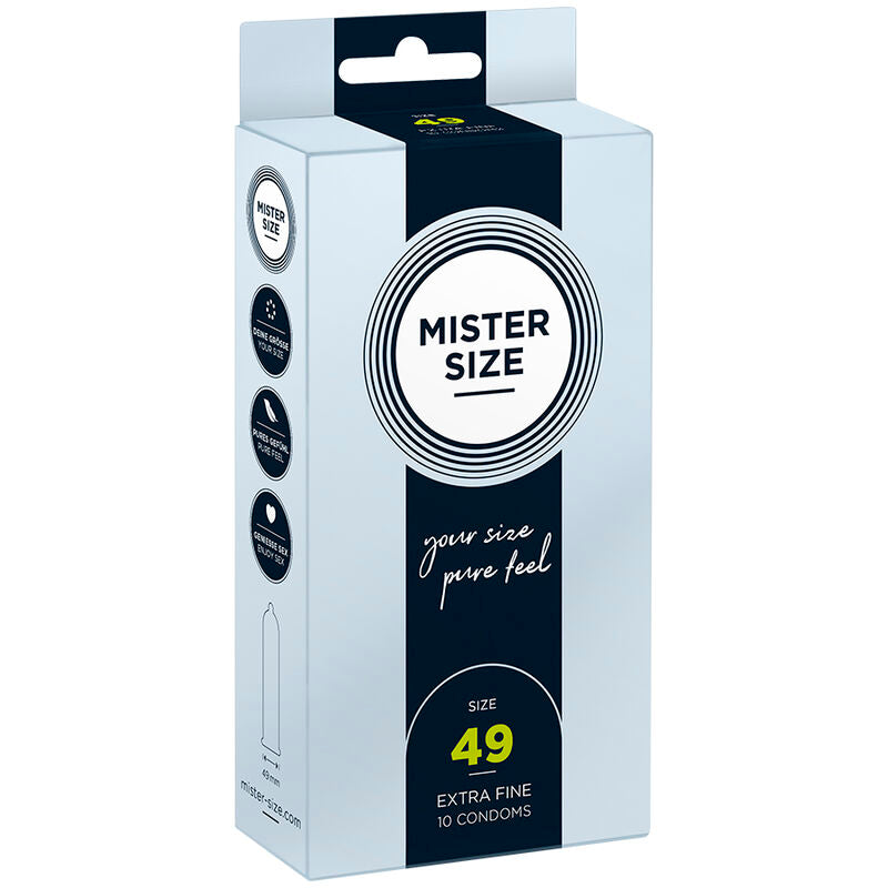 Packung mit 10 Kondomen Mister Size 49 in Dreiviertelansicht