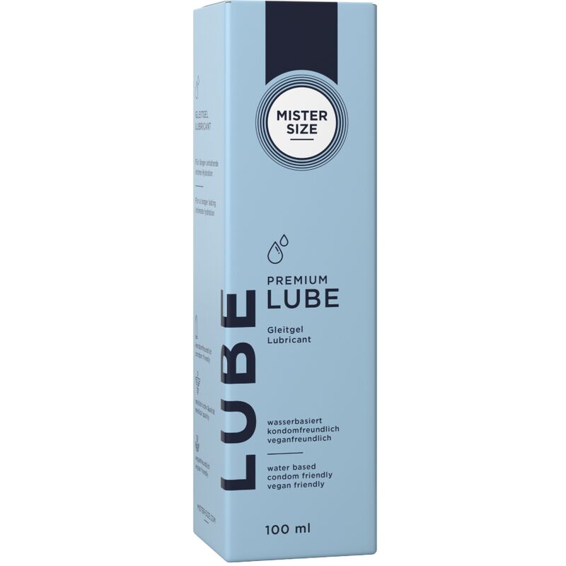 Hellblaue Faltschachtel des Mister Size Premium Lube 100 ml