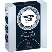 Scatola da 3 preservativi Mister Size 64, vista di tre quarti