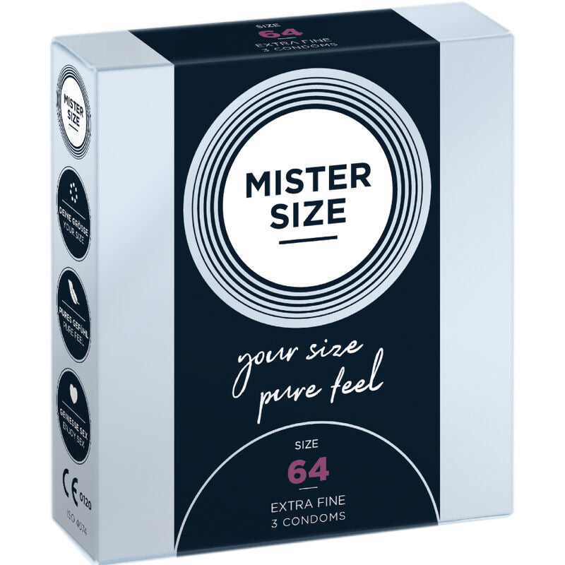Packung mit 3 Kondomen Mister Size 64 in Dreiviertelansicht