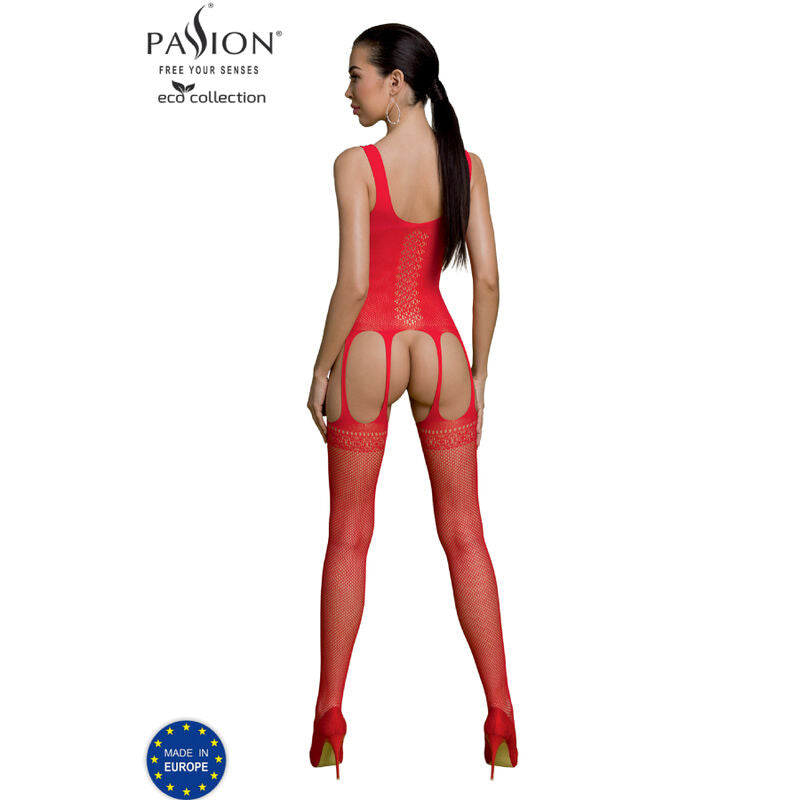 Passion ECO BS007 – Bodystocking a rete con effetto reggicalze – Rosso