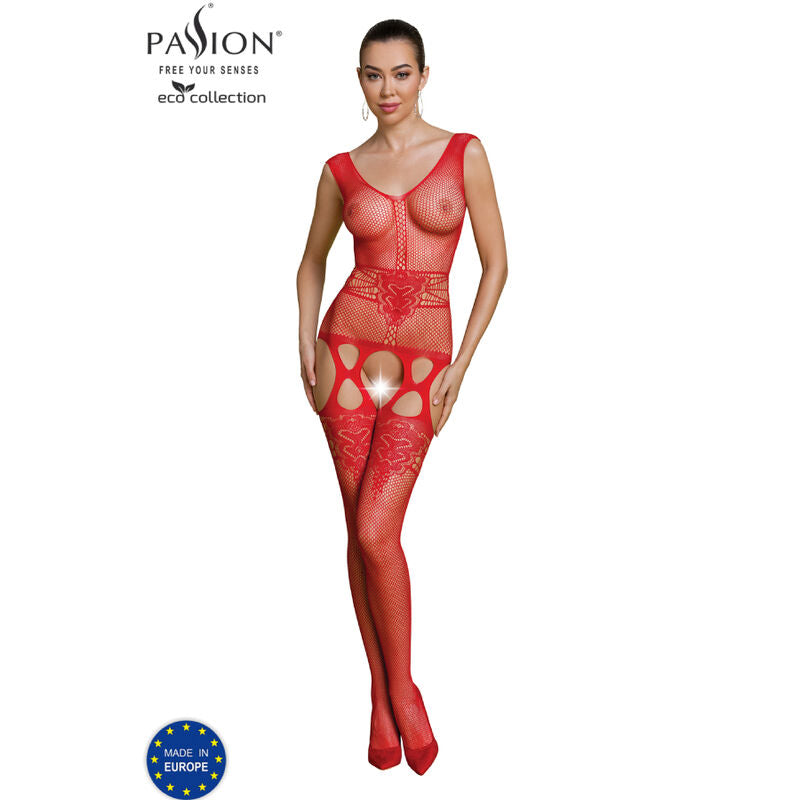 Passion ECO BS014 – Bodystocking a rete con fascia decorata in vita – Rosso