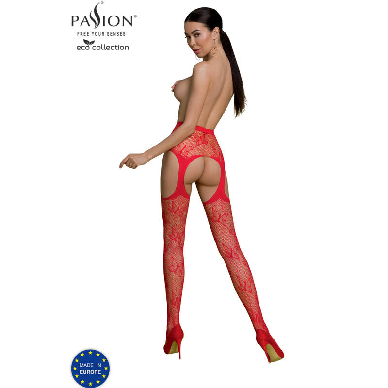 Passion ECO S001 – Strapsstrumpfhose aus Netz mit Schmetterlingen – Rot