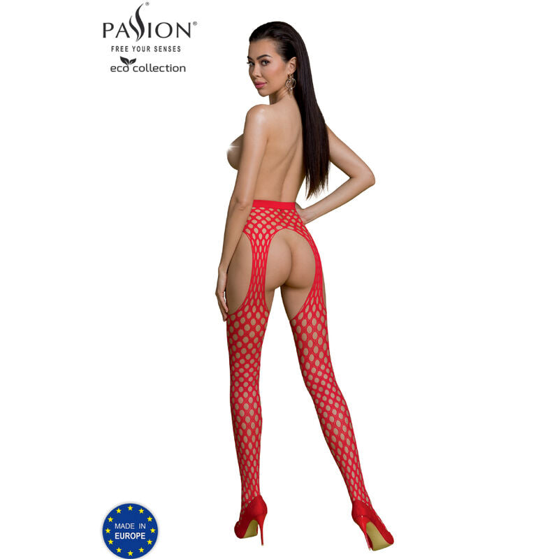 Passion ECO S003 – Calze a rete con reggicalze integrato, maglie tonde – Rosso
