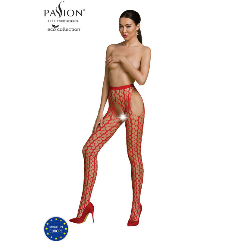 Passion ECO S007 – Calze a rete larga con reggicalze integrato – Rosso