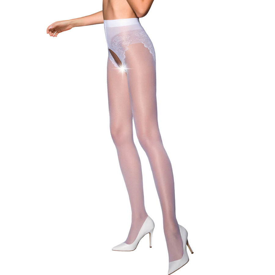 Passion TIOPEN 006 — Collant ouvert à haut floral — Blanc