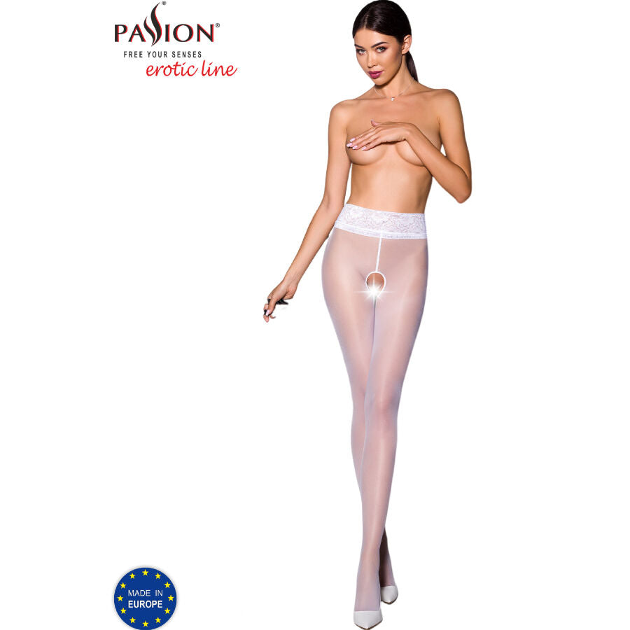 Passion TIOPEN 008 — Collant ouvert à taille dentelle — Blanc