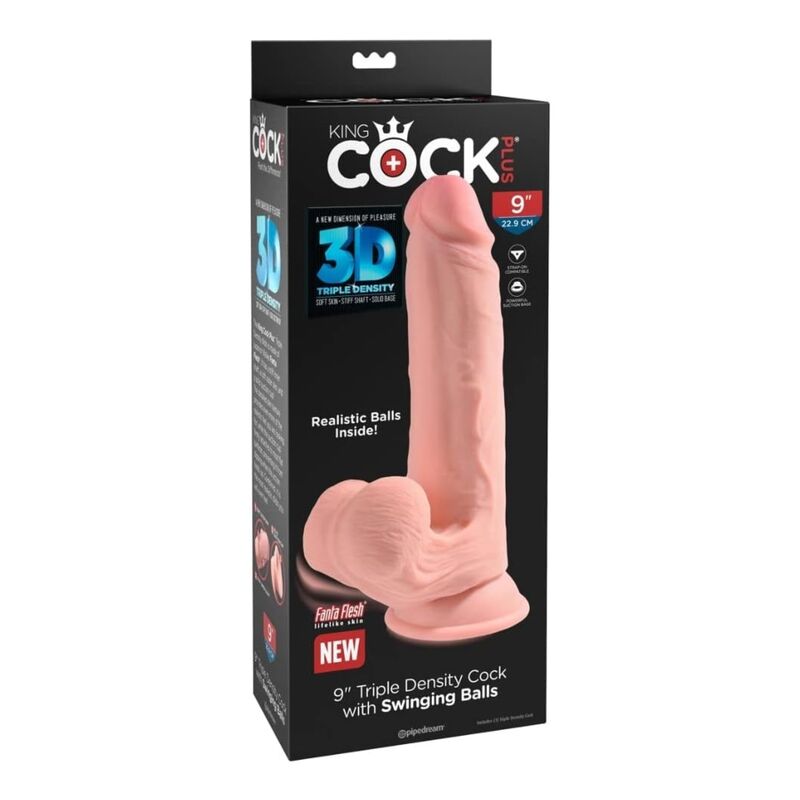 Pipedream King Cock Plus, consolador realista de triple densidad con testículos móviles, 23 cm, color carne
