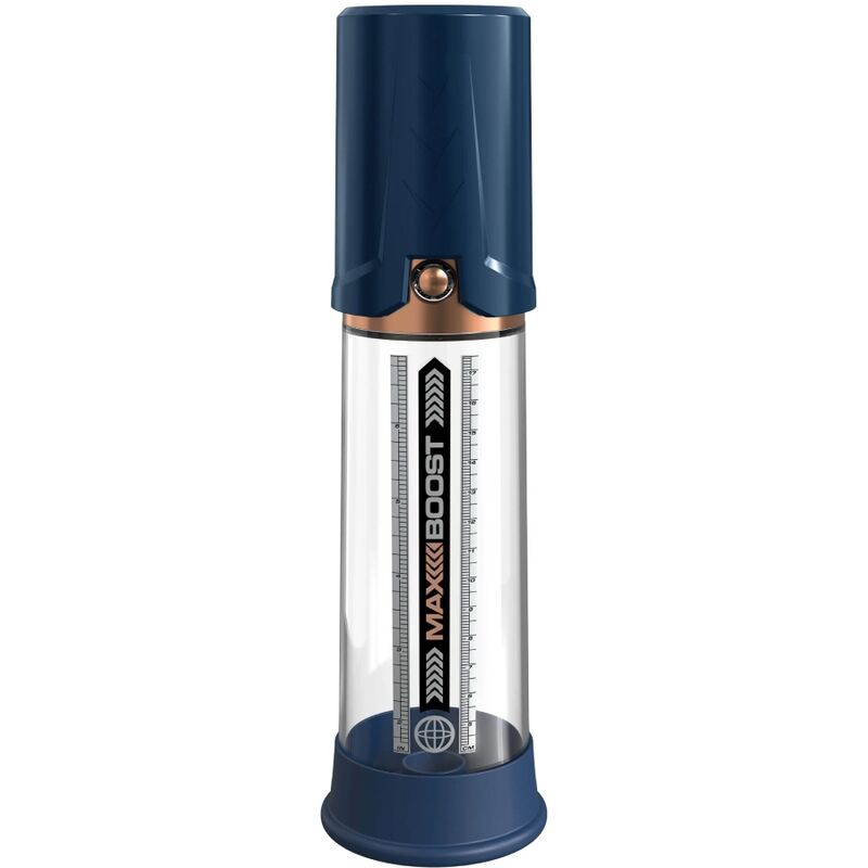 Max Boost stehend: marineblauer Kopf, kupferfarbener Knopf, transparenter Zylinder mit Skala