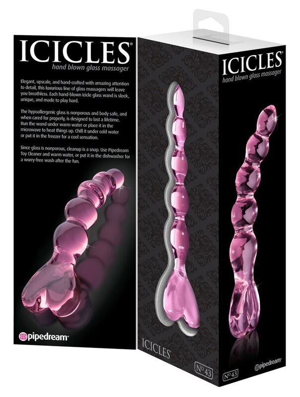 Pipedream Icicles No. 43, consolador de cristal con perlas y asa de corazón
