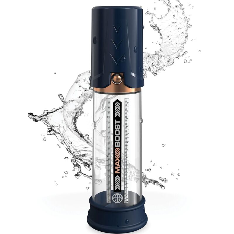 Penispumpe Max Boost, umgeben von Wasserspritzern
