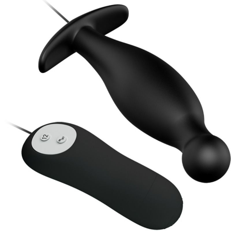 Plug anal Pretty Love de silicona con 12 modos de vibración, en negro
