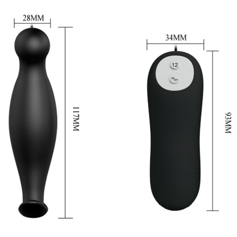 Plug anal Pretty Love de silicona con 12 modos de vibración, en negro