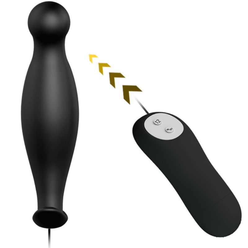 Plug anal Pretty Love de silicona con 12 modos de vibración, en negro