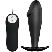 Plug anal Pretty Love de silicona con forma de pene y 12 modos de vibración, en negro
