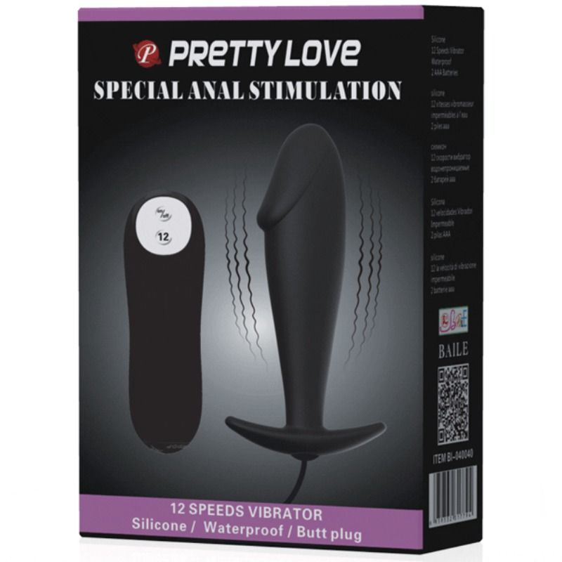 Plug anal Pretty Love de silicona con forma de pene y 12 modos de vibración, en negro