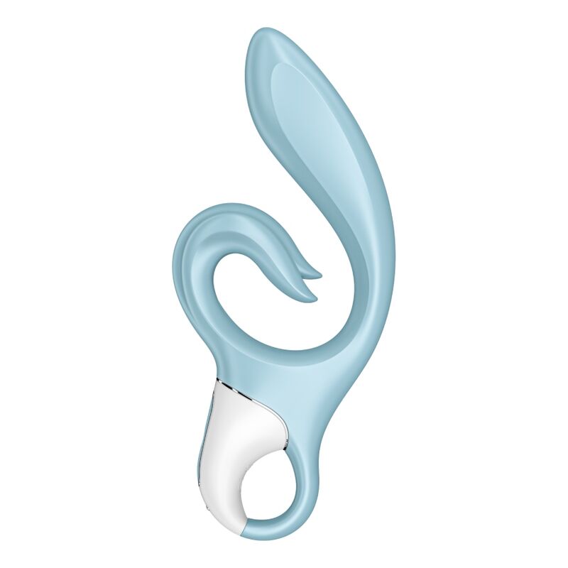 Satisfyer Love Me in Blau von der Seite, geschwungener Arm und weißer Ringgriff