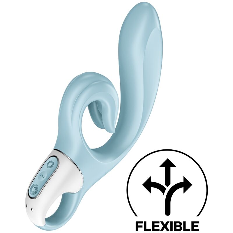 Satisfyer Love Me in Blau schräg von vorn, mit dem Piktogramm Flexible