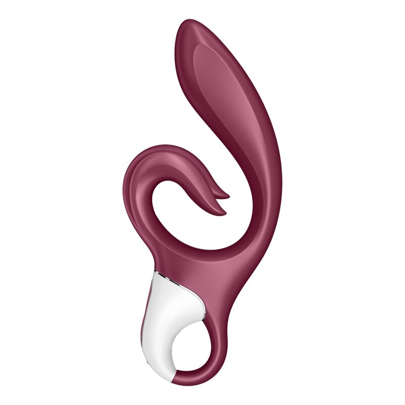 Satisfyer Love Me in Rot von der Seite, geschwungener Arm und weißer Ringgriff