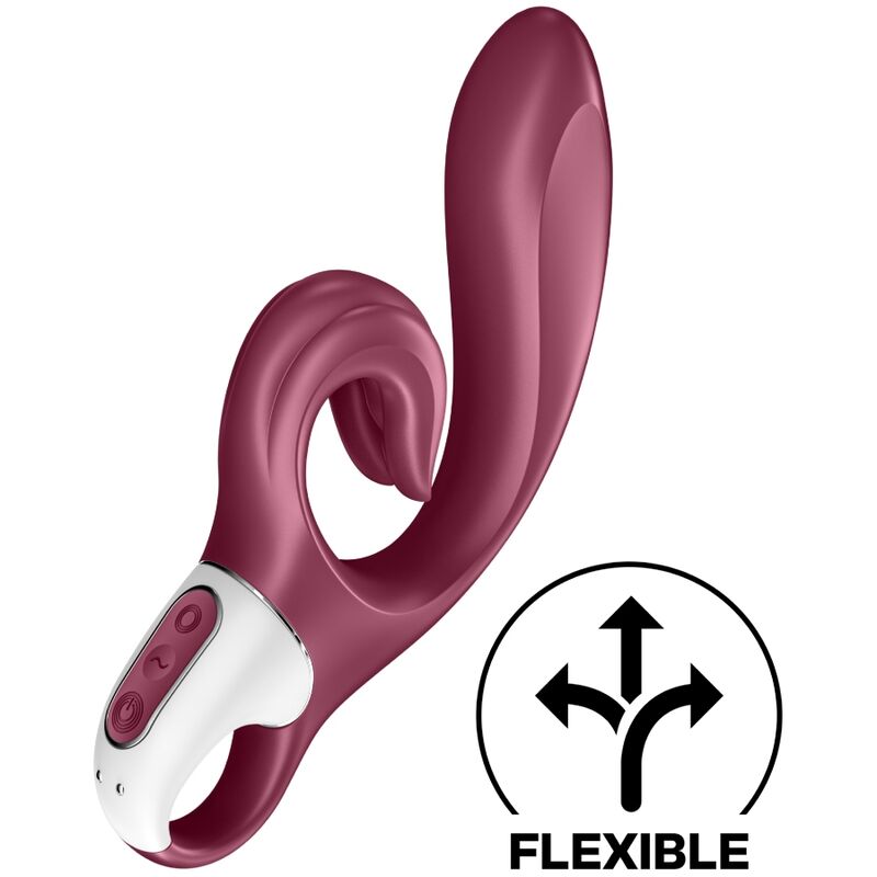 Satisfyer Love Me in Rot schräg von vorn, mit dem Piktogramm Flexible