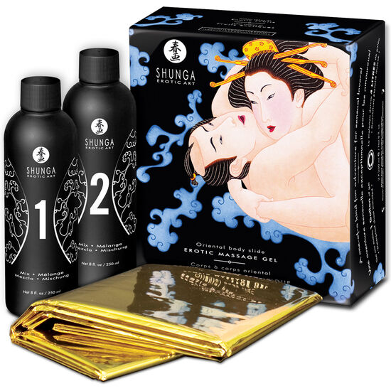 Cofanetto Shunga Oriental Body Slide, due flaconi neri numerati 1 e 2 e telo dorato piegato