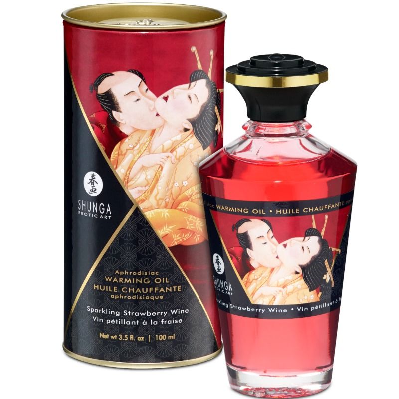 Shunga – Olio da massaggio a effetto riscaldante, fragole e cava, 100 ml