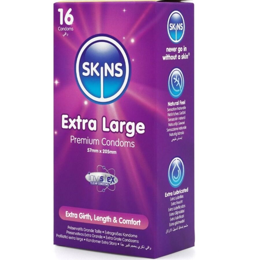 Skins Extra Large – Preservativos XL con aroma a vainilla, 16 unidades