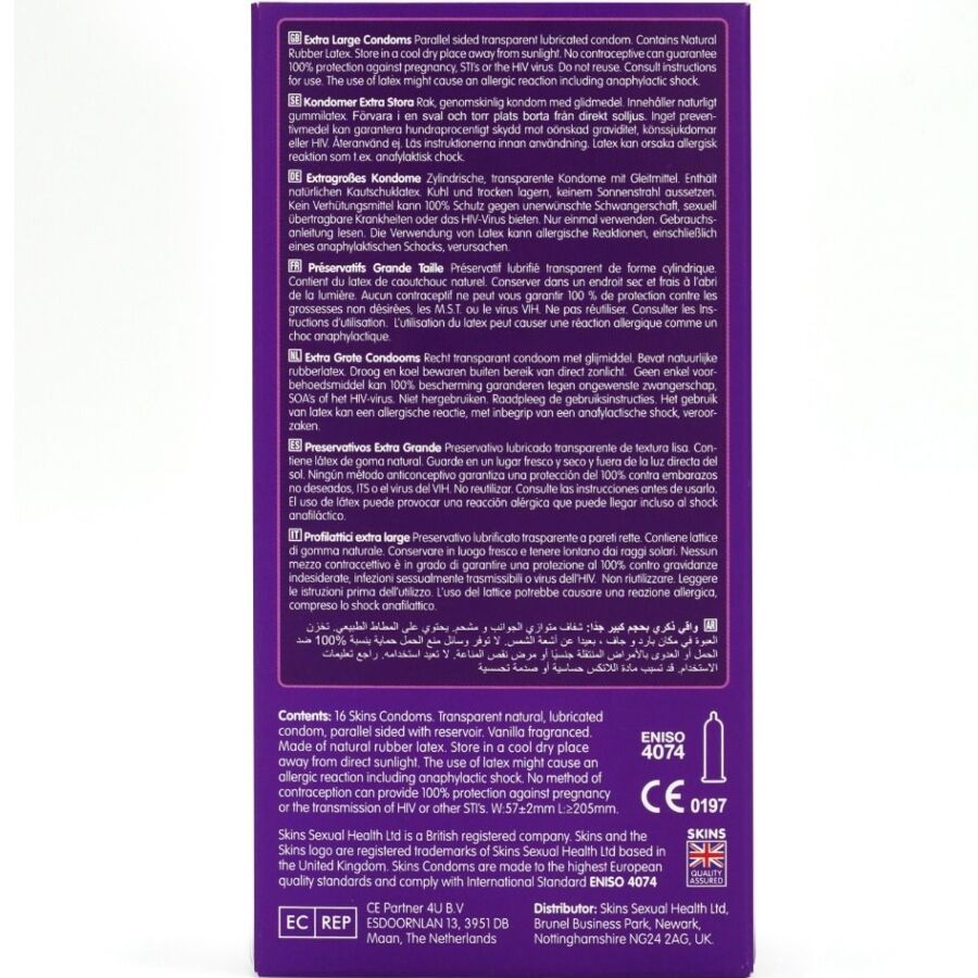 Skins Extra Large – Preservativos XL con aroma a vainilla, 16 unidades