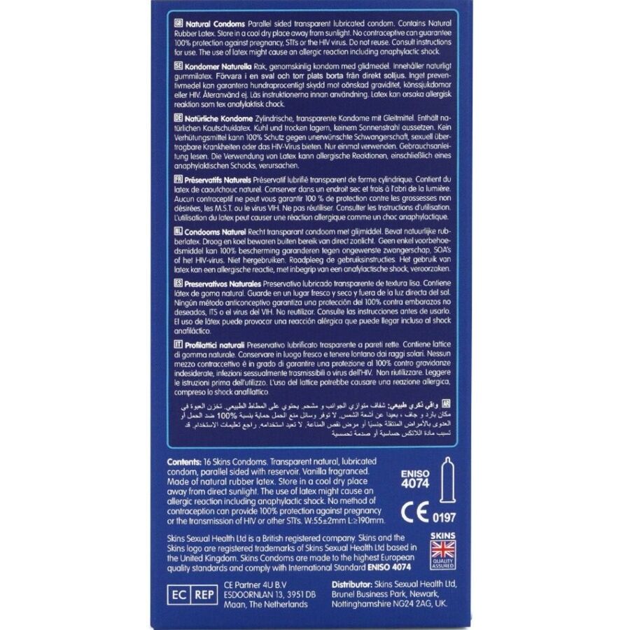 Skins Natural – Preservativi lisci in lattice naturale, 16 pezzi
