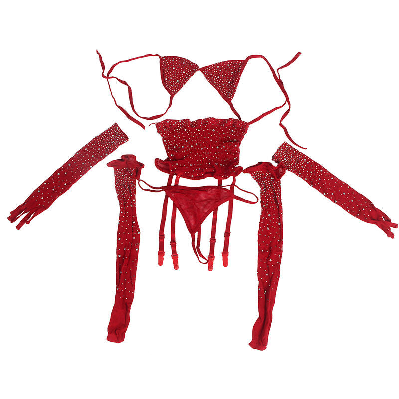 Subblime — Ensemble résille à strass et gants — Rouge