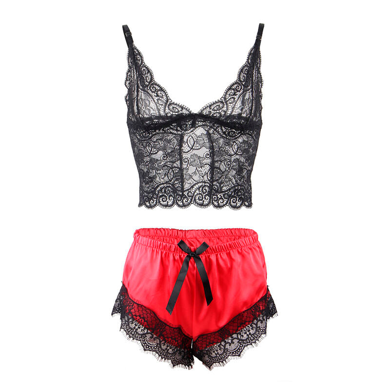 Subblime — Ensemble de nuit à short en dentelle — Noir et rouge — Taille L/XL