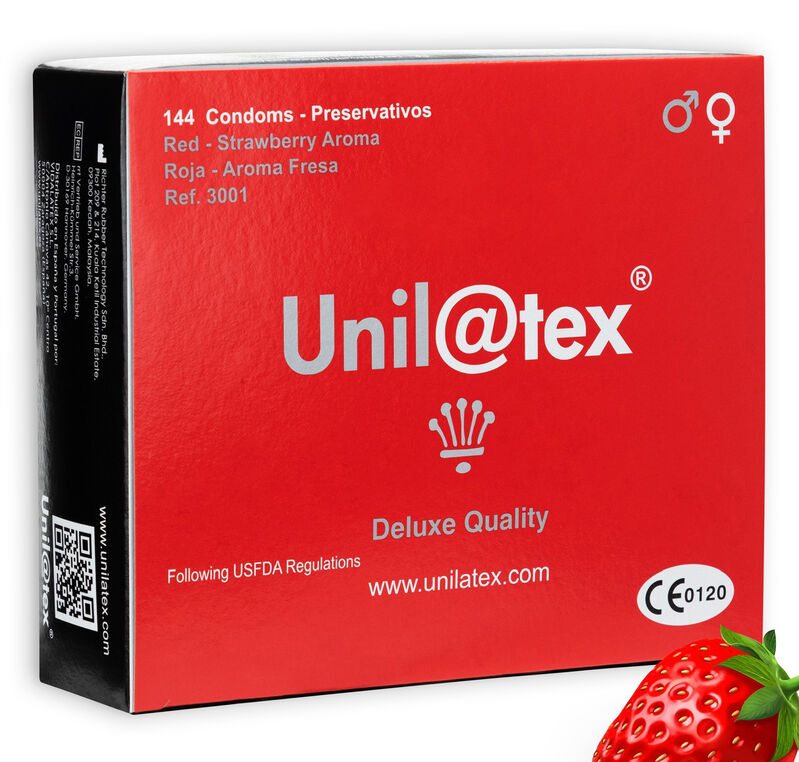 Unilatex Red Strawberry – Preservativi rossi alla fragola, 144 pezzi
