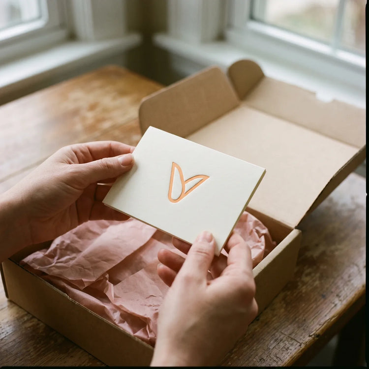 Mains tenant une carte crème marquée d'un symbole en V abricot, au-dessus d'un colis.