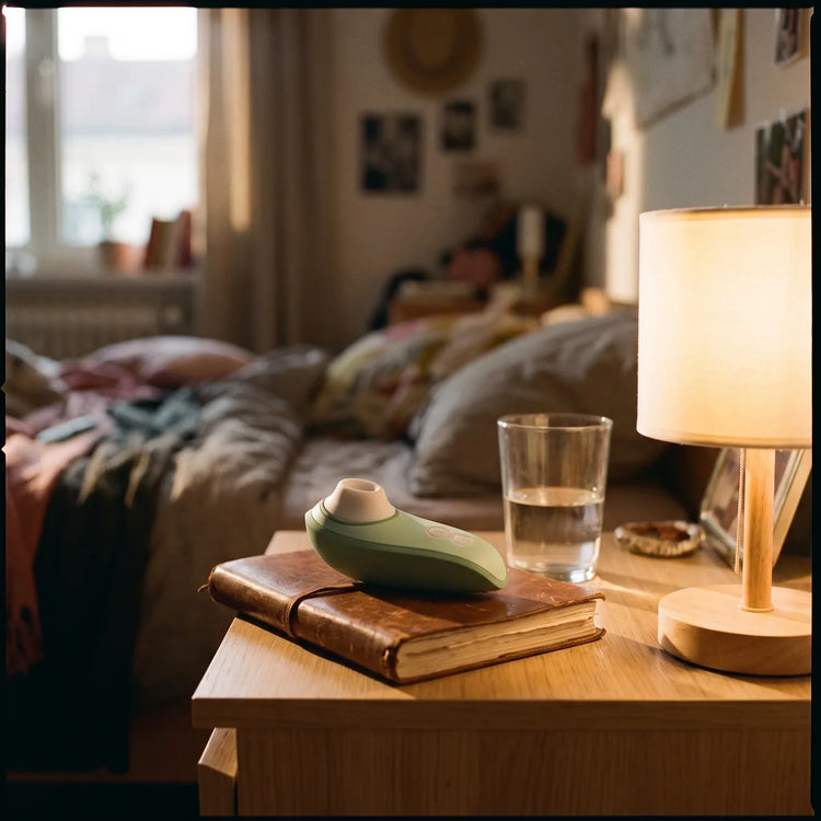 Petit objet de design vert sauge posé sur une table de nuit, lampe allumée.