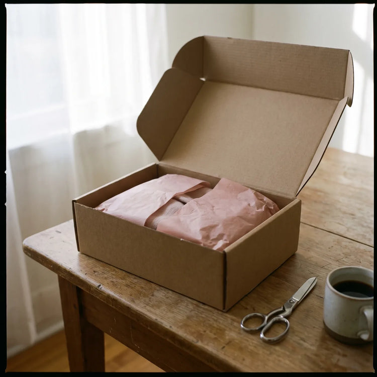 Colis en carton kraft neutre ouvert, papier de soie blush à l'intérieur.