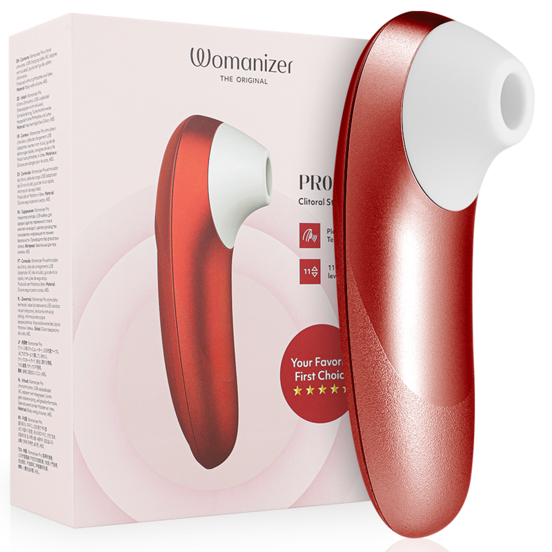 Womanizer Pro en burdeos y blanco delante de su caja